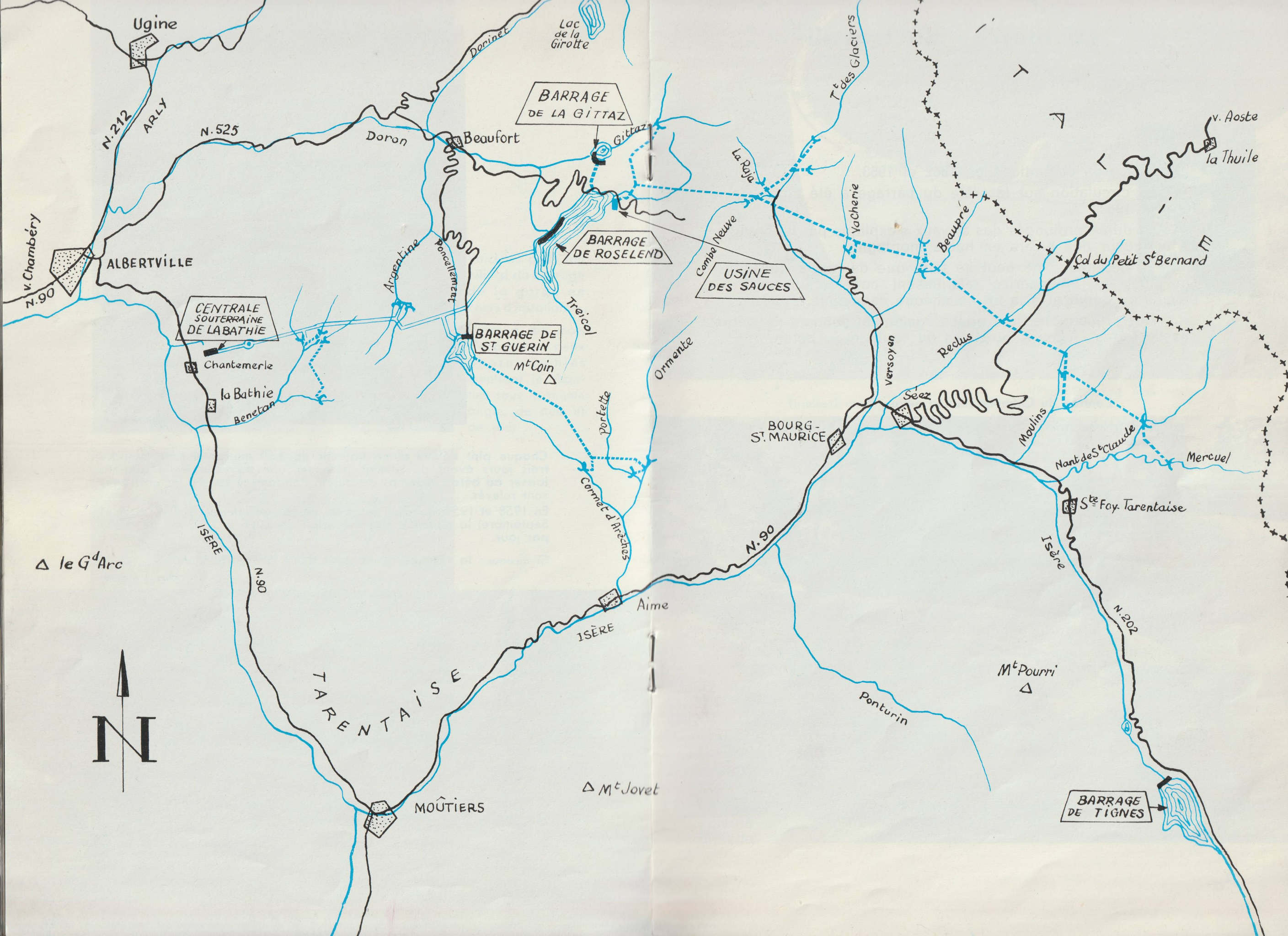 Carte de la vue d’ensemble des installations hydrauliques proches de Roselend