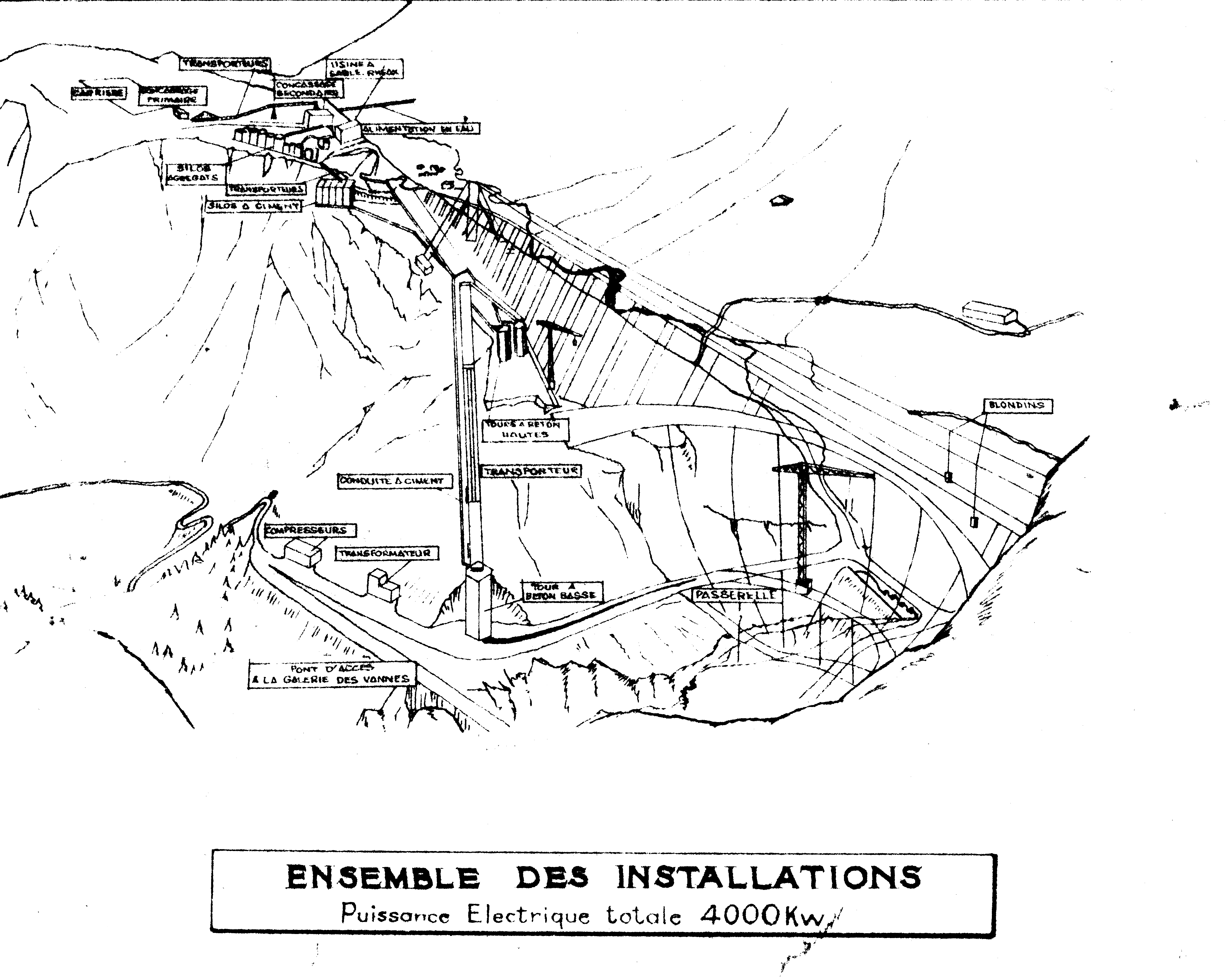 Schéma de l’ensemble des installation du barrage de Roselend