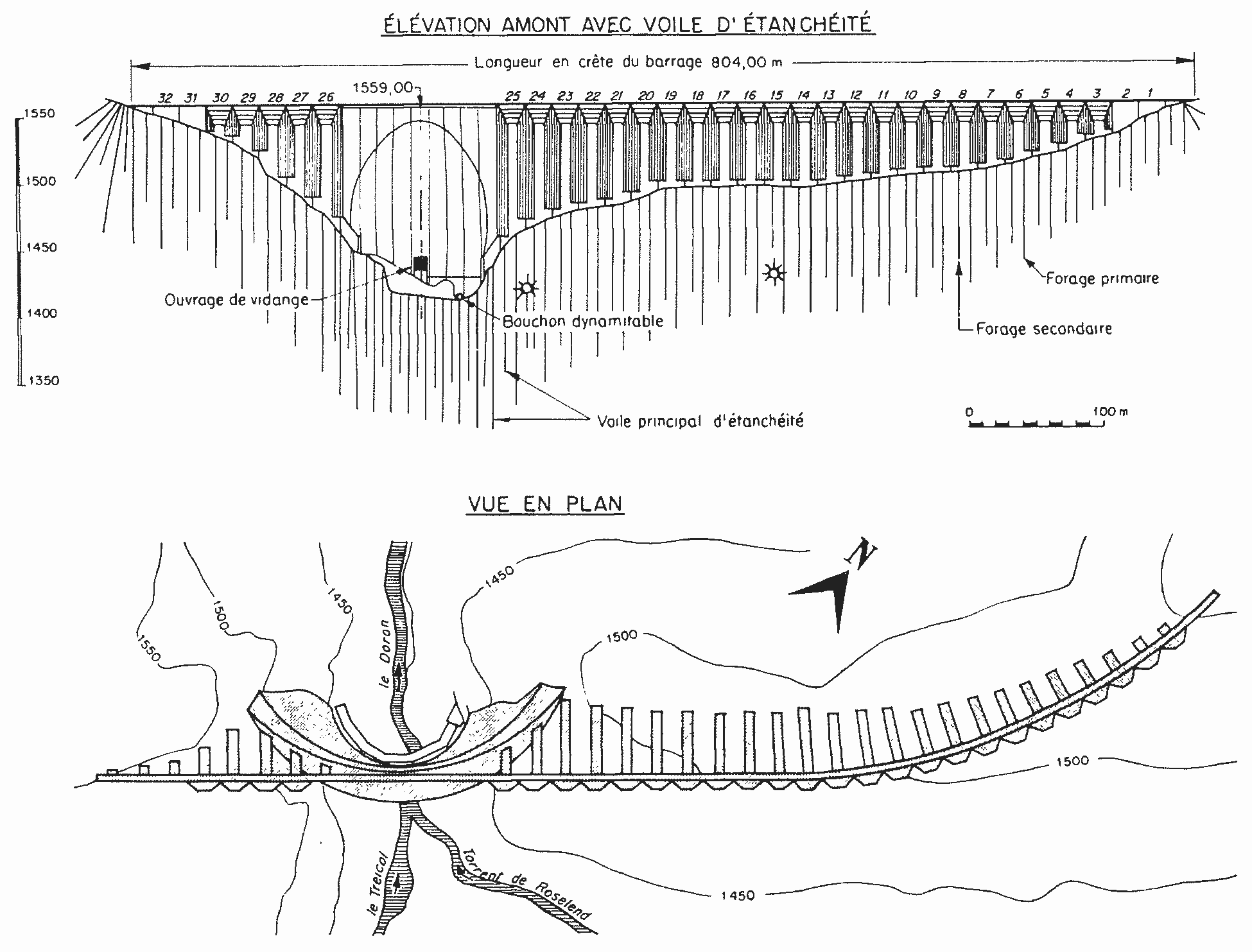 Vue en plan et élévation amont avec voile d’étanchéité du barrage de Roselend